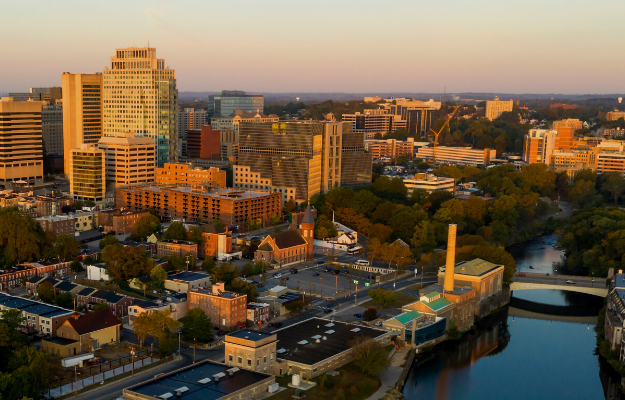 Early morning light hits the buildings and architecture of downtown Wilmington Delaware