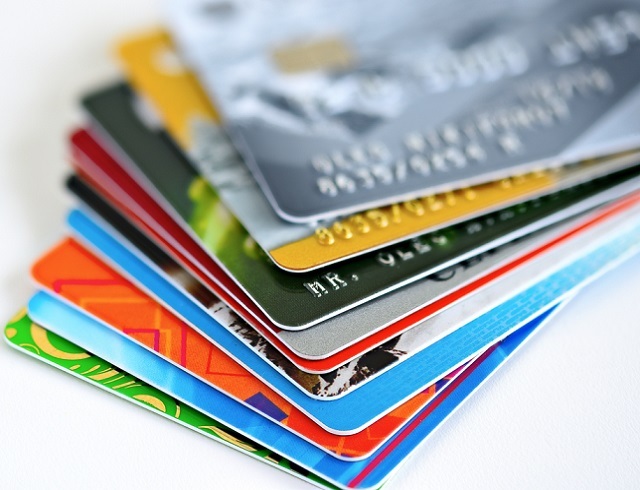 Colorful credit cards in a stack